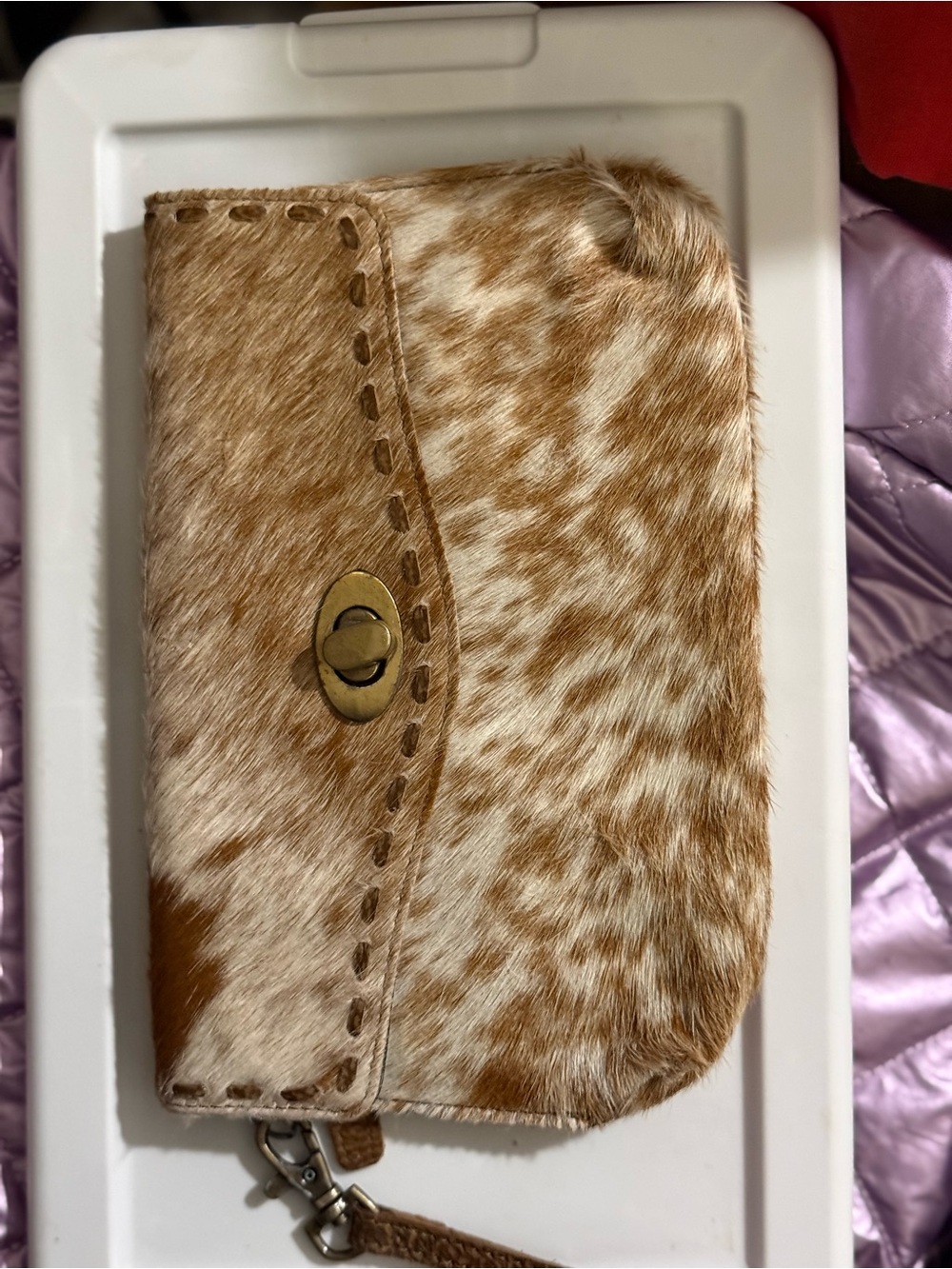 Fur-Textured Brown Cowhide Wristlet Clutch with Turn-Lock